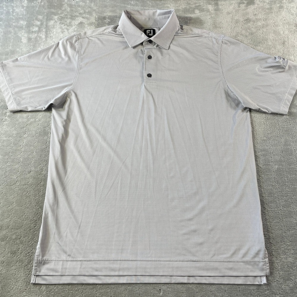 FootJoy Polo Shirt Mens Large Gray White Houndstooth‎ Golf Light Preppy Stretch